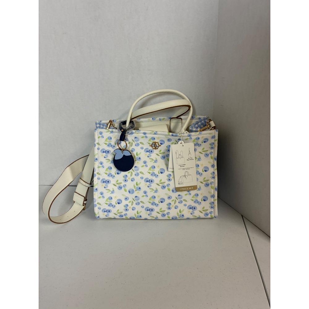 Nanette Lepore Blueberry Print Gingham Satchel Crossbody Bag 2pc Set Blue White